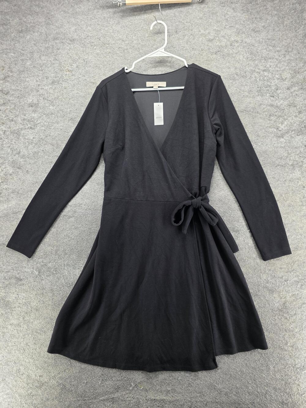 LOFT Dress Womens S Black Wrap Dress Long Sleeve V-Neck Tie Belted Knee Length